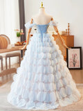 Blue Beading Rhinestone Ruffles Prom Dress, Blue Off the Shoulder Evening Formal Dress HZ0429