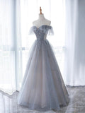 Blue Tulle Beaded Long Prom Party Dress, A-Line Blue Formal Dress HZ0429