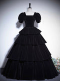 Black Velvet Floor Length Prom Dress, Elegant Short Sleeve Formal Evening Dress HZ0429
