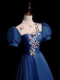 Elegant Blue Tulle Lace Long Prom Dress, Blue High Neck A-Line Evening Dress HZ0429