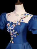 Elegant Blue Tulle Lace Long Prom Dress, Blue High Neck A-Line Evening Dress HZ0429