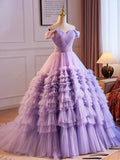 Purple Tulle Off the Shoulder Prom Dress, A-Line V-Neck Floor Length Formal Dress HZ0429