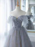 Blue Tulle Beaded Long Prom Party Dress, A-Line Blue Formal Dress HZ0429