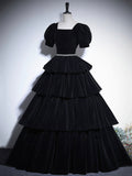 Black Velvet Floor Length Prom Dress, Elegant Short Sleeve Formal Evening Dress HZ0429