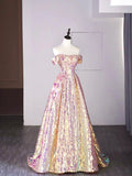 Sparkly Sequins Off the Shoulder Floor Length Prom Dress, A-Line Evening Party Dress HZ0429