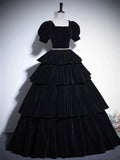Black Velvet Floor Length Prom Dress, Elegant Short Sleeve Formal Evening Dress HZ0429