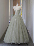 Gray Green Tulle Sequins Long Prom Dress, Beautiful A-Line Strapless Evening Party Dress HZ0429