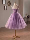 Purple Tulle A-Line Knee Length Party Dress, Lovely Spaghetti Strap Evening Prom Dress HZ0429