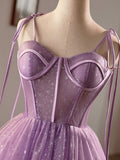Purple Tulle A-Line Knee Length Party Dress, Lovely Spaghetti Strap Evening Prom Dress HZ0429