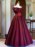 Burgundy Satin Floor Length Prom Dress, Elegant Off the Shoulder Evening Party Dress HZ0429