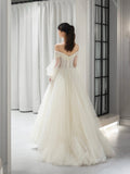 Champagne Tulle Floor Length Prom Dress, Beautiful A-Line Long Sleeve Evening Party Dress HZ0429