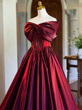 Burgundy Satin Floor Length Prom Dress, Elegant Off the Shoulder Evening Party Dress HZ0429
