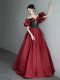 Black Lace and Burgundy Satin Long Prom Dress, Off the Shoulder Evening Party Dress with Bow HZ0429