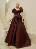 Gorgeous Satin Long Prom Dress, A-Line Puff Sleeve Evening Dress HZ0429