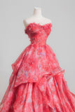 Red Floral Tulle Long Prom Dress, A-Line Sweetheart Neck Party Dress HZ0429