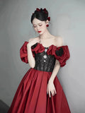 Black Lace and Burgundy Satin Long Prom Dress, Off the Shoulder Evening Party Dress with Bow HZ0429