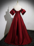 Burgundy Strapless Satin Long Prom Dress, Off the Shoulder Evening Party Dress HZ0429