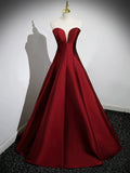 Burgundy Strapless Satin Long Prom Dress, Off the Shoulder Evening Party Dress HZ0429