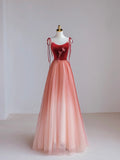 Burgundy Velvet Tulle Long Prom Dress, Beautiful A-Line Spaghetti Strap Evening Party Dress HZ0429