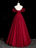 Burgundy Tulle Beaded Floor Length Prom Dress, Elegant Off the Shoulder Party Dress HZ0429