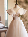 Beautiful Champagne Long Prom Dresses, A-Line Princess V-Neck Bow Sleeveless Backless Formal Dresses HZ0429