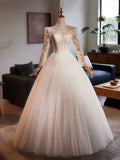 White Tulle Lace Floor Length A-Line Formal Dresses, Beautiful Long Sleeve Evening Party Dress HZ0429