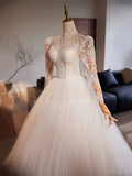 White Tulle Lace Floor Length A-Line Formal Dresses, Beautiful Long Sleeve Evening Party Dress HZ0429