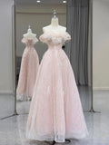 Sparkling Pink Tulle Sequins Long Prom Dress, Off the Shoulder A-Line Evening Party Dress HZ0429