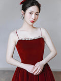 Burgundy Spaghetti Strap Velvet Tea Length Prom Dress with with Pearls HZ0429