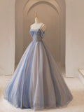 Blue Tulle Floor Length Prom Dress, Shiny A-Line Spaghetti Strap Evening Party Dress HZ0429