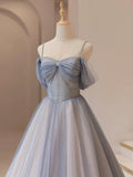 Blue Tulle Floor Length Prom Dress, Shiny A-Line Spaghetti Strap Evening Party Dress HZ0429