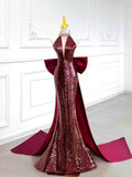 Burgundy Sequins Long Prom Dress, Mermaid Backless Evening Party Dress with Bow HZ0429