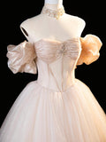 Champagne Tulle Long Prom Dress with Corset, Beautiful Off the Shoulder Party Dress HZ0429