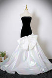 Black Velvet and White Colorful Satin Long Prom Dress, Mermaid Strapless Party Dress HZ0429