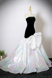 Black Velvet and White Colorful Satin Long Prom Dress, Mermaid Strapless Party Dress HZ0429