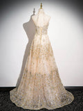 Champagne Tulle Sequins Floor Length Prom Dress, A-Line Backless Evening Party Dress HZ0429