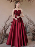 Burgundy Strapless Satin Long Prom Dress, A-Line Backless Formal Evening Dress HZ0429