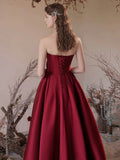 Burgundy Strapless Satin Long Prom Dress, A-Line Backless Formal Evening Dress HZ0429