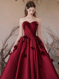 Burgundy Strapless Satin Long Prom Dress, A-Line Backless Formal Evening Dress HZ0429