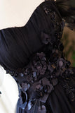 Black Tulle Flowers Short Prom Dress, Black A-line Evening Party Dress HZ0429