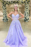 Lavender Strapless Lace A-line Tulle Floor Length Prom Dress HZ0429