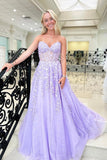 Lavender Strapless Lace A-line Tulle Floor Length Prom Dress HZ0429