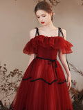 Burgundy Tulle Long Prom Dresses, Burgundy Off Shoulder Evening Party Dresses HZ0429