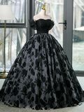 Black Tulle Long Prom Dress, A-Line Off the Shoulder Evening Party Dress HZ0429