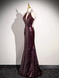 Burgundy Sequins Long Prom Dress, Mermaid Backless Evening Formal Dress HZ0429