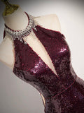Burgundy Sequins Long Prom Dress, Mermaid Backless Evening Formal Dress HZ0429