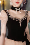 Black Velvet and Shiny Tulle Long Prom Dress, Beautiful A-Lace Backless Party Dress HZ0429