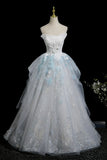 Blue Glitter Lace Flower Prom Dress, Beautiful A-Line Strapless Evening Party Dress HZ0429