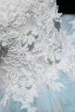 Blue Glitter Lace Flower Prom Dress, Beautiful A-Line Strapless Evening Party Dress HZ0429