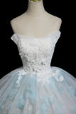 Blue Glitter Lace Flower Prom Dress, Beautiful A-Line Strapless Evening Party Dress HZ0429